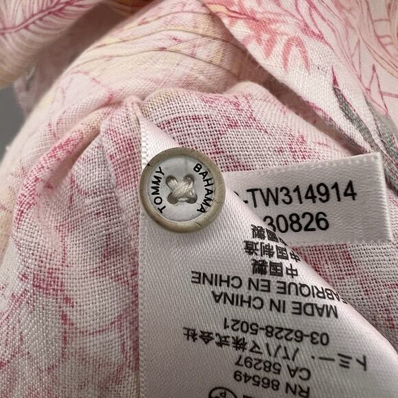 Tommy Bahama Women's L Linen Button Up Shirt Roll Tab Coral Pink Floral Vacation - Picture 11 of 14